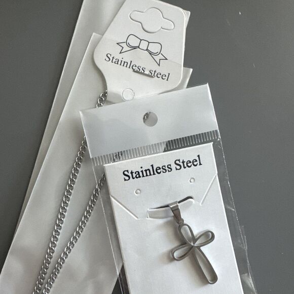 Stainless Steel Cross Pendant Scripture Silver Plated 24 Inch Chain Religious - Picture 6 of 6